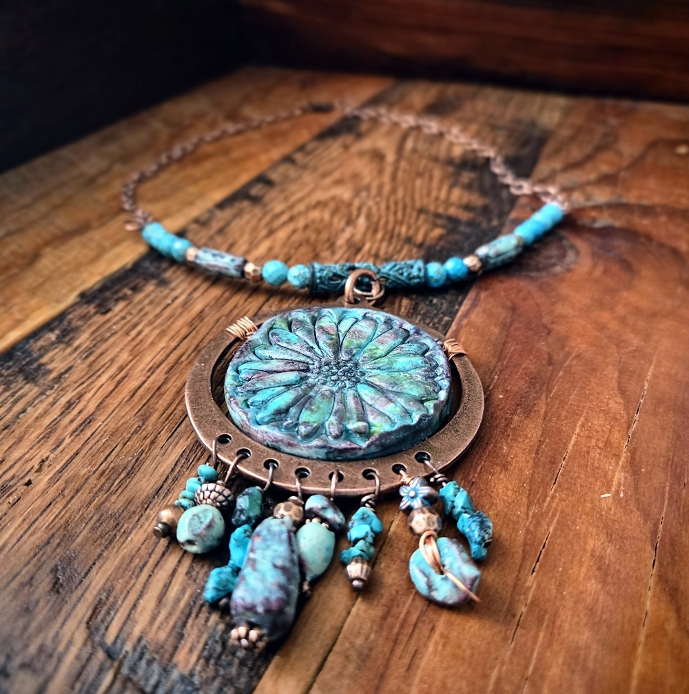Rugged & Weathered Roman Inspired Empress Verdigris Clay & Turquoise Necklace - Picture 3 of 11